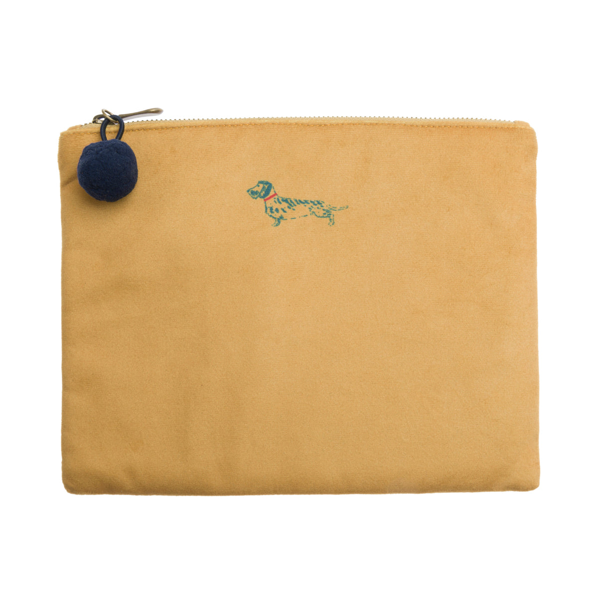 Dachshund Velvet Pouch in mustard yellow colour