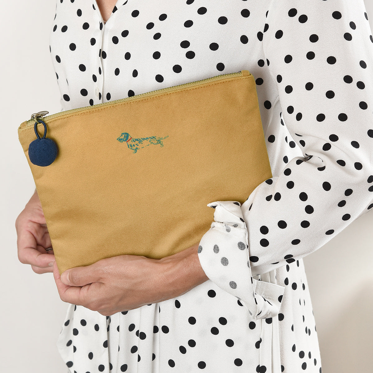 Dachshund Velvet Pouch in mustard yellow colour