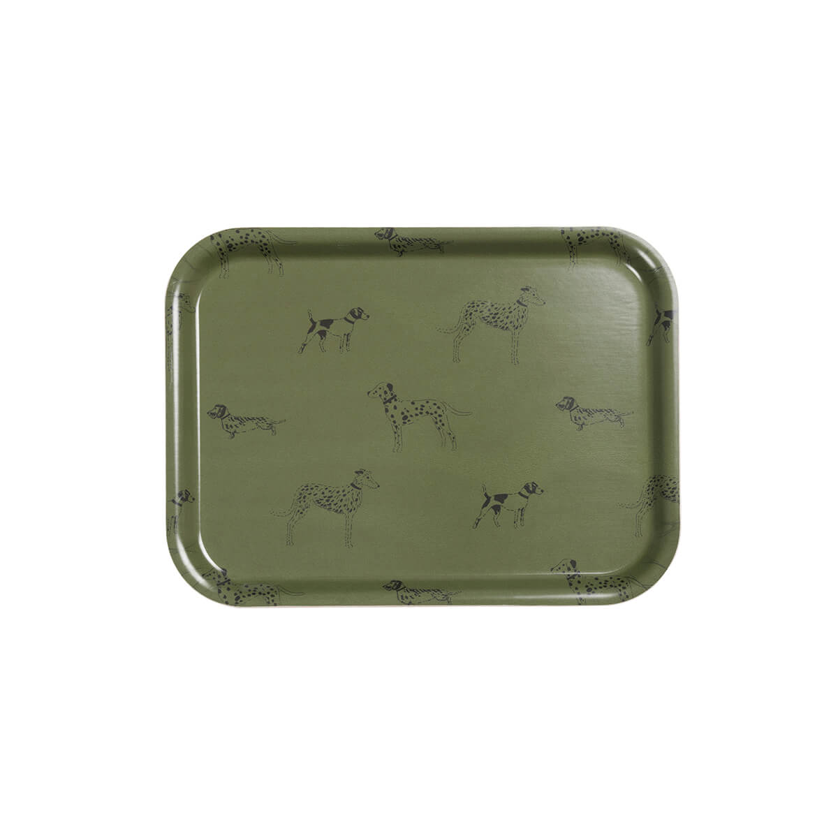 Small handmade printed tray by Sophie Allport with dog illustrations on a green background