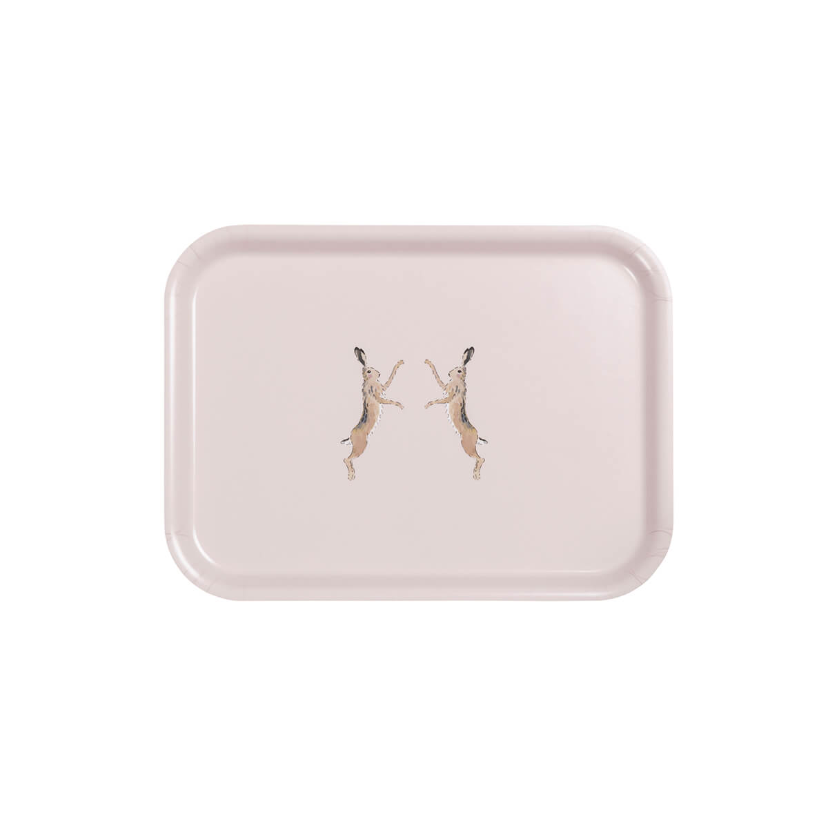 light pink handmade tray from Sophie Allport feature two boxing hare illustrations