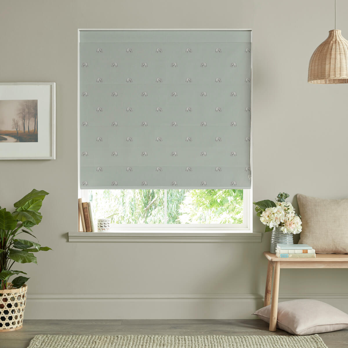 Elephant Green Grey Curtains/Roman Blind Sample