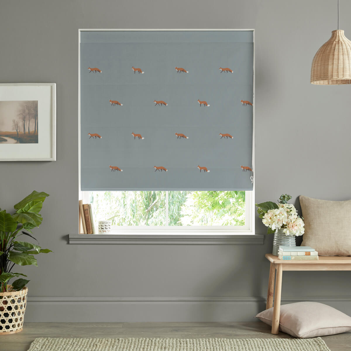 Foxes Teal Curtains/Roman Blind Sample