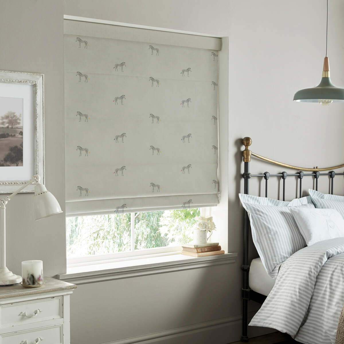 Zebra Soft Grey Blue Made to Measure Roman Blind