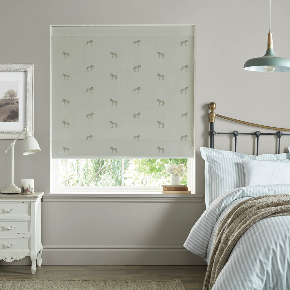 Zebra Soft Grey Blue Curtains/Roman Blind Sample