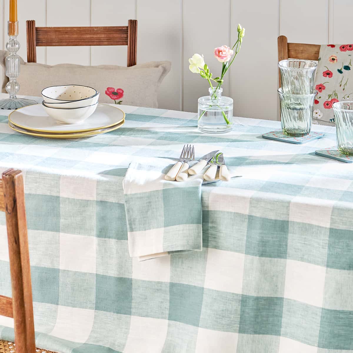 Teal Gingham Linen Tablecloth