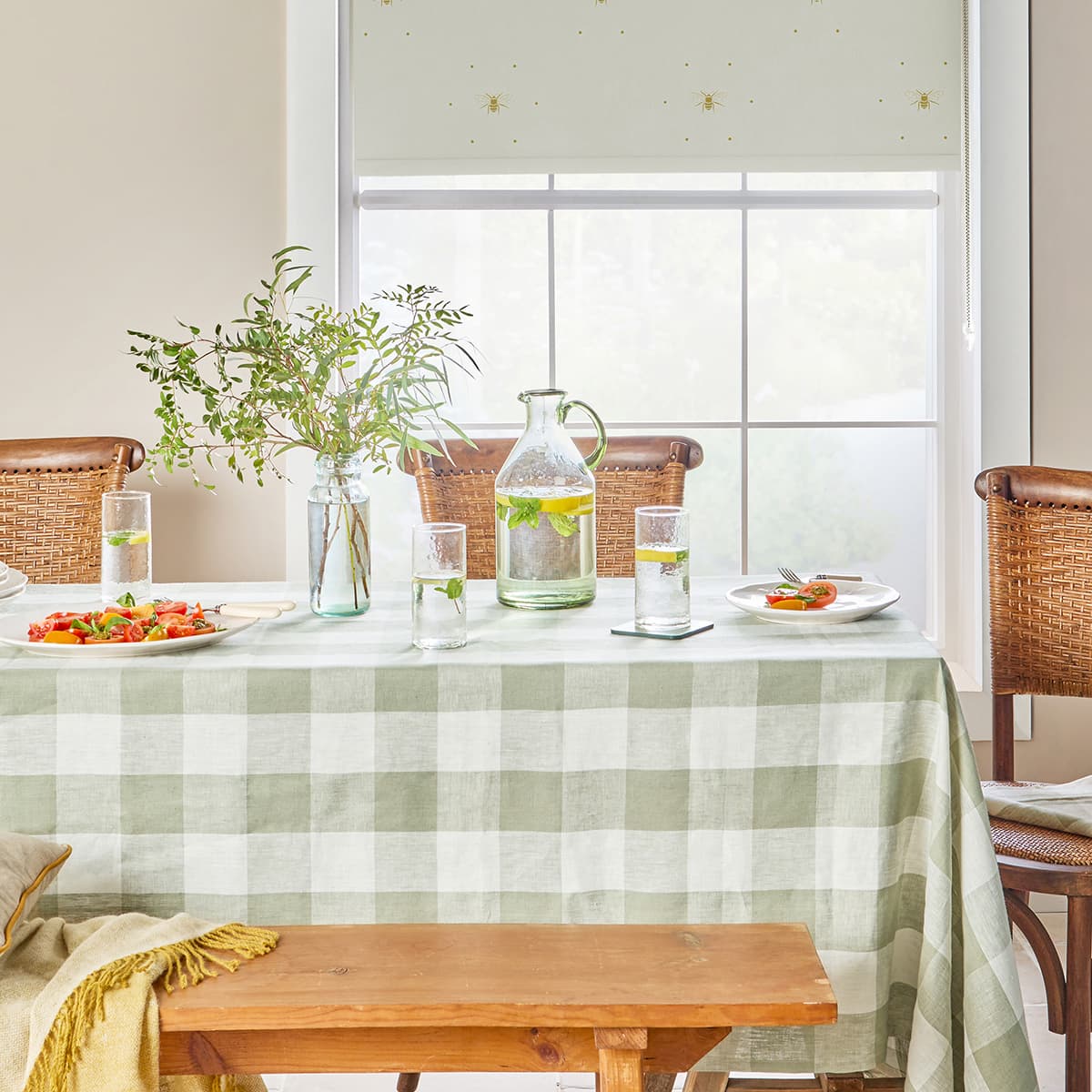 Sage Green Gingham Linen Tablecloth