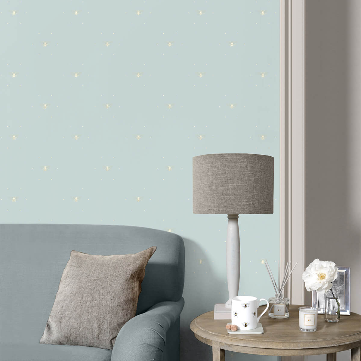 Bees Silhouette Duck Egg & Stone Wallpaper